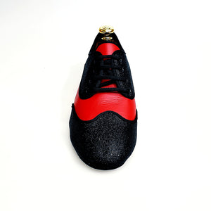 Billie Diablo - Jazz Plus shoe forward and Black Glitter Pads remaining Red Leather