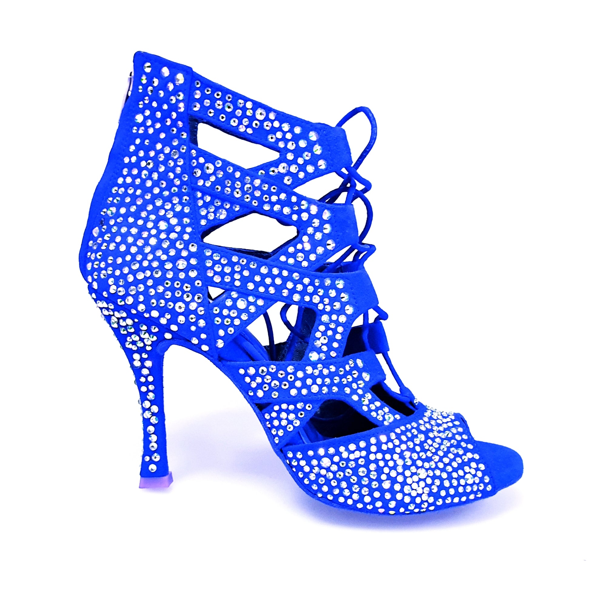 Sandalo a tronchetto Olimpya Extra Plus in camoscio blu royal con dettagli Swarovski Boreali, di Wish Dance Shop.