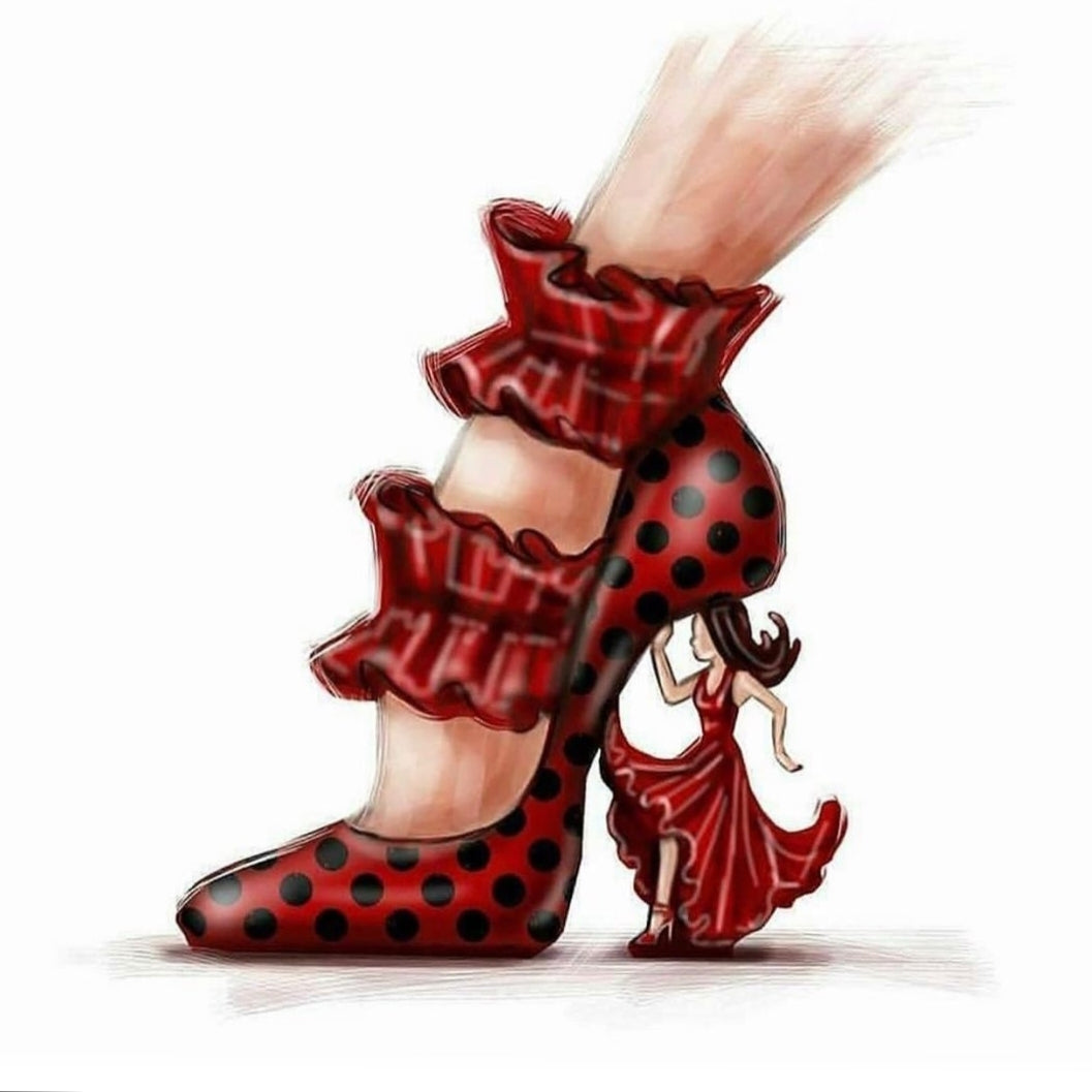 Scarpa decolté da flamenco Carmen Wish Dance Shop in camoscio rosso con chiodi ribattuti a mano, vista frontale.