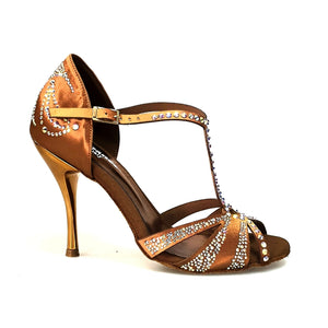 CAMILA Superb (accollata) L13 - Ballet Shoe in Bronze Silk Satin with Boreal Swarovski and Copper Gold Laminated Stiletto Heel