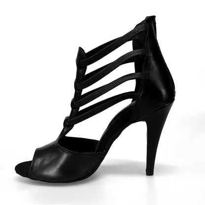 Sandalo da donna Lilith Zip in pelle nera con zip sul tallone ed elastici neri, scarpa Wish Dance Shop, immagine frontale.