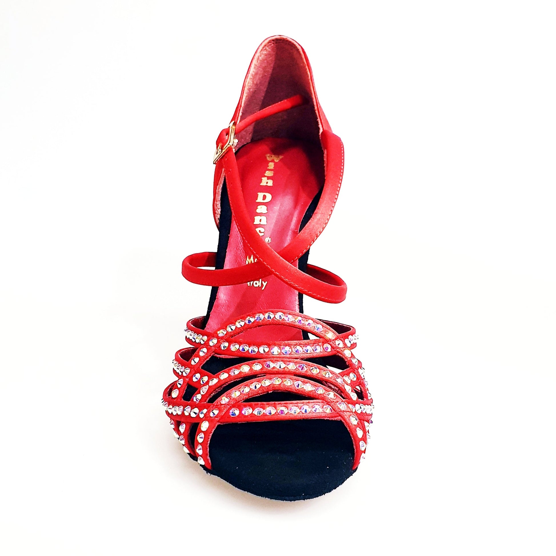 Scarpa da donna ONDA QC Plus (BI-Flex) Marylu in raso seta rossa con cinturino incrociato, Swarovski, tacco a rocchetto, Wish Dance Shop