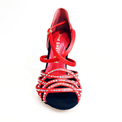 Scarpa da donna ONDA QC Plus (BI-Flex) Marylu in raso seta rossa con cinturino incrociato, Swarovski, tacco a rocchetto, Wish Dance Shop