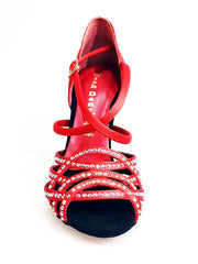 Carica immagine nella Galleria, ONDA QC Plus (BI-Flex) MARYLU - Scarpa da Donna in Raso Seta Rosso Cinturino incrociato sul Collopiede con Swarovski Boreali Totale disegno Fantasy Fondo Extraflex Competition Tacco a Rocchettino Wish Dance Shop