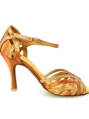 Cargar imagen en la Galería, Sandalo donna Deborah Wish Dance Shop in raso seta bronzo tan e glitter bronzo tan, con cinturino e tacco basso.