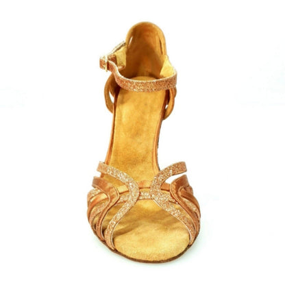 Sandalo donna Deborah Wish Dance Shop in raso seta bronzo tan e glitter bronzo tan, con cinturino e tacco basso.