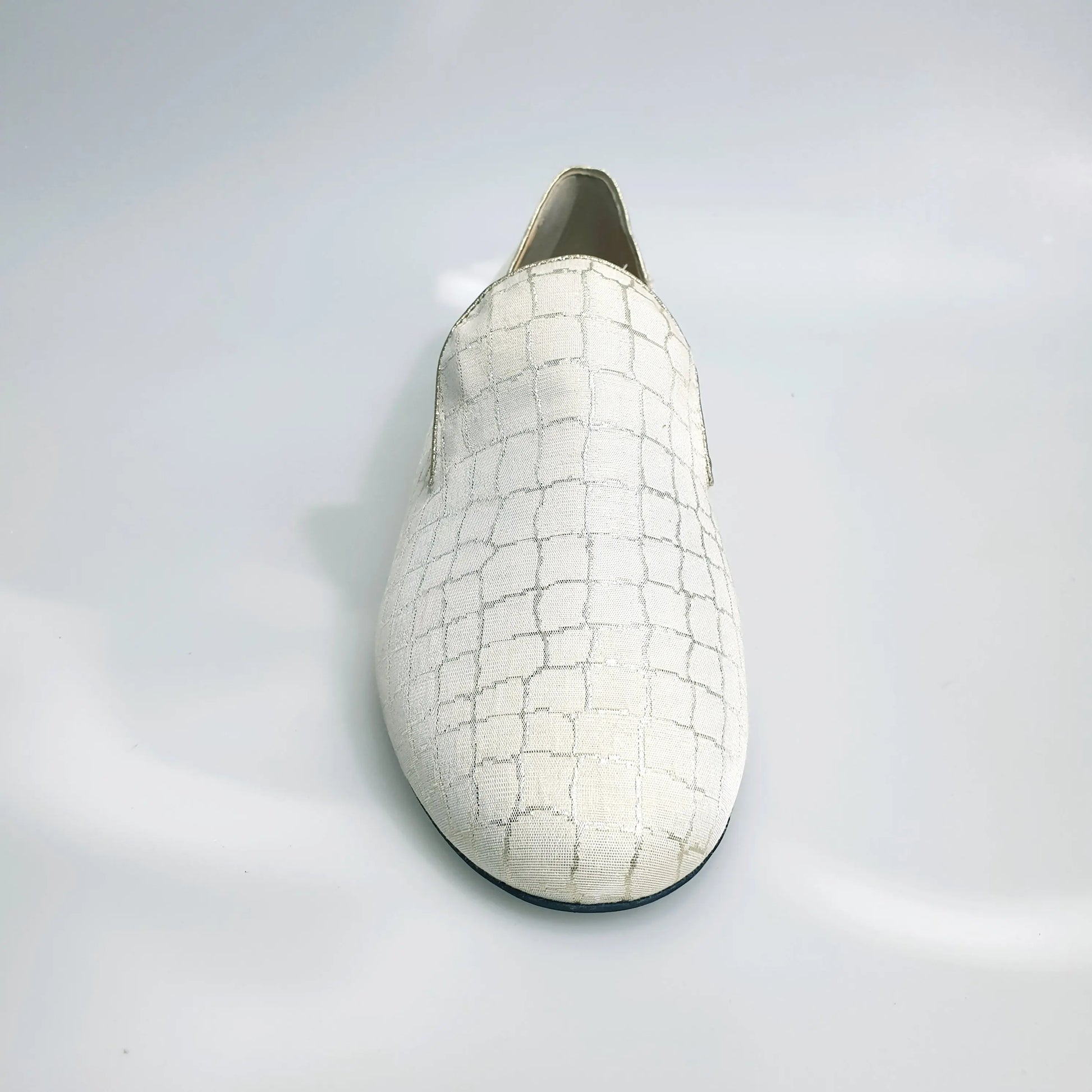 Mocassino uomo Serse (800) in tessuto lavorato Sunset beige, scarpa Wish Dance Shop, dettaglio superiore e suola.