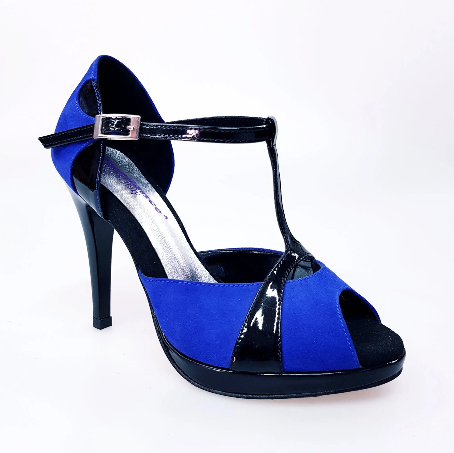 Sandalo donna Xena (698X) in camoscio blu e vernice nera con plateau e tacco a spillo, scarpa elegante Wish Dance Shop