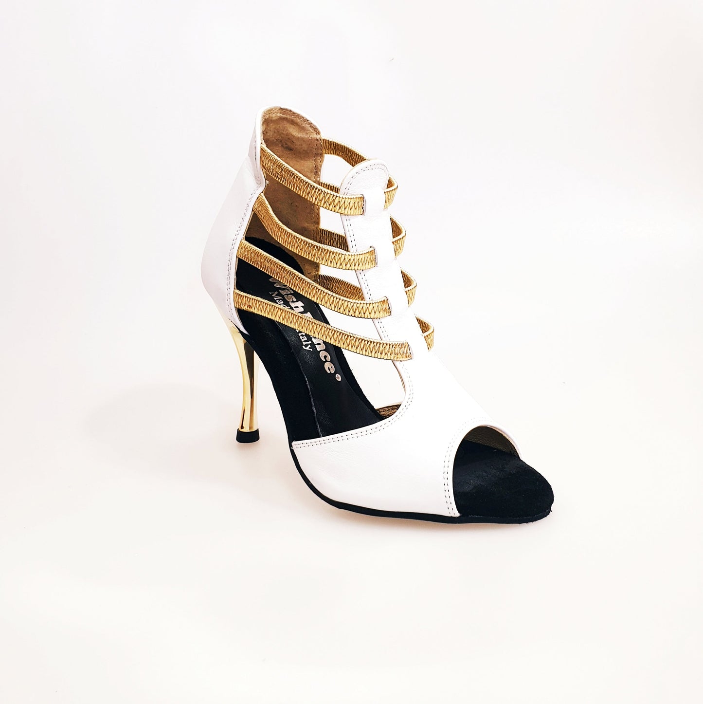 Sandalo da donna MILITE Gold in pelle bianca con elastici oro e tacco a spillo laminato oro, scarpa elegante Wish Dance Shop