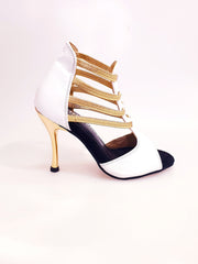 Carica immagine nella Galleria, MILITE Gold (460PW) - Sandalo da Donna in Pelle Bianca con Elastici Oro e Tacco a spillo Laminato Oro
