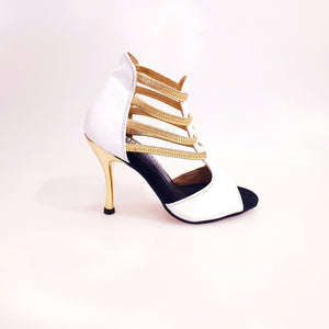 Tatyana (460PW) - Woman's Sandal in White Leather with Gold Elastics and Gold Laminated Stiletto Heel