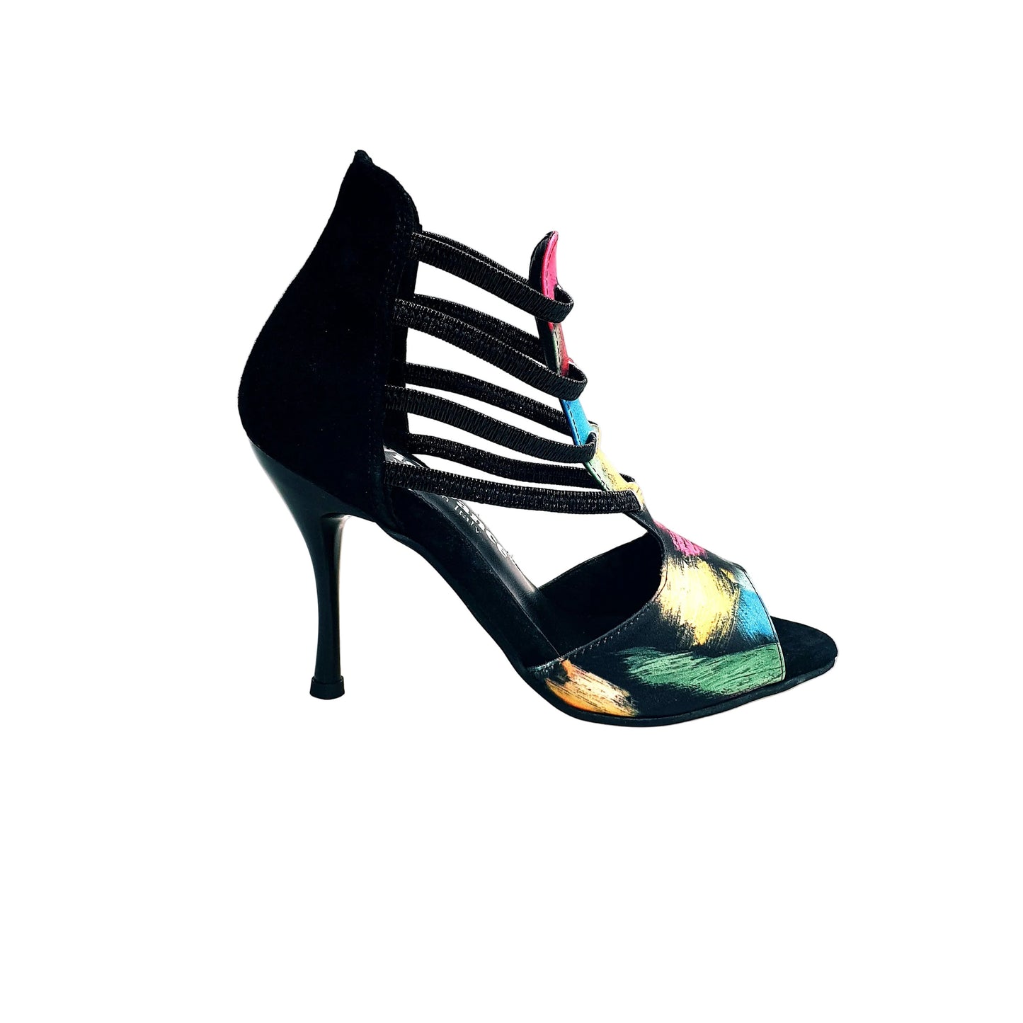 Sandalo da donna Iris Fantasy Black in tessuto nero con tallone in camoscio e tacco a spillo smaltato nero.