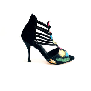 Iris Fantasy Black (460PW) - Woman's Sandal in Black Picasso Fabric with Black Suede Heel and Elastics and Black Enameled Stiletto Heel