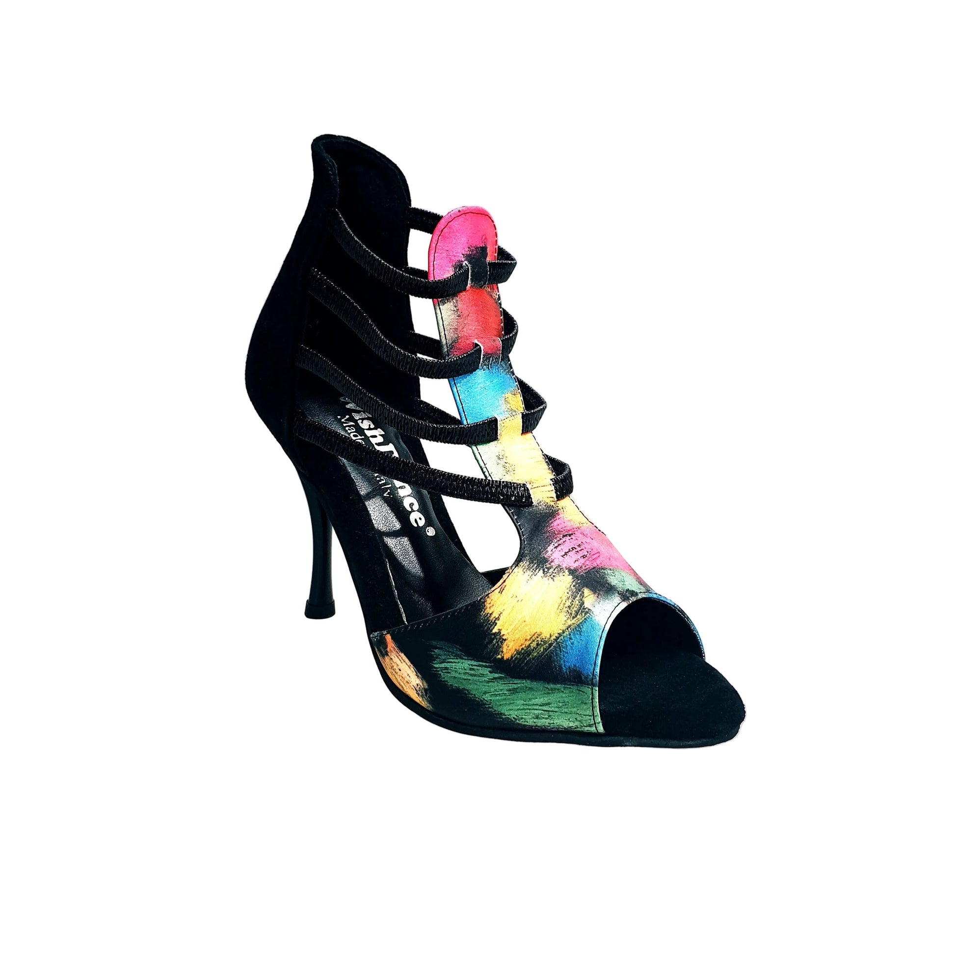 Scarpa donna Iris Fantasy Black Wish Dance Shop, sandalo tessuto nero con tacco a spillo e dettagli in camoscio e elastici.