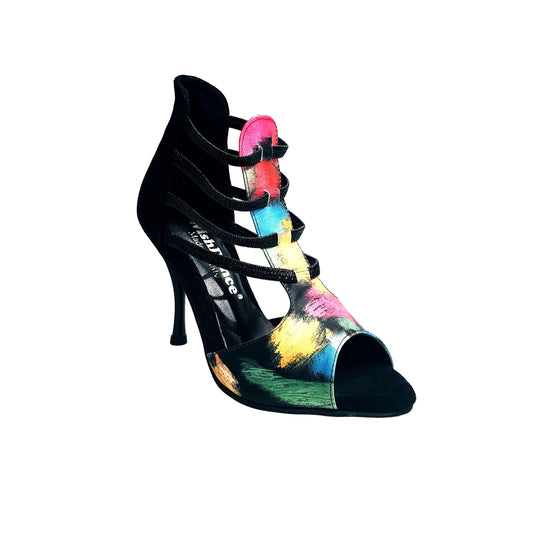 Scarpa donna Iris Fantasy Black Wish Dance Shop, sandalo tessuto nero con tacco a spillo e dettagli in camoscio e elastici.