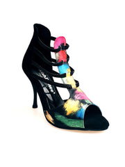 Carica immagine nella Galleria, Iris Fantasy Black (460PW) - Sandalo da Donna in Tessuto Picasso Nero con Tallone in Camoscio Nero ed Elastici e Tacco a spillo smaltato Nero
