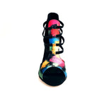 Load image into Gallery viewer, Iris Fantasy Black (460PW) - Woman&#39;s Sandal in Black Picasso Fabric with Black Suede Heel and Elastics and Black Enameled Stiletto Heel
