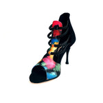 Load image into Gallery viewer, Iris Fantasy Black (460PW) - Woman&#39;s Sandal in Black Picasso Fabric with Black Suede Heel and Elastics and Black Enameled Stiletto Heel
