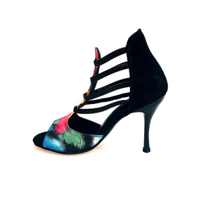 Iris Fantasy Black (460PW) - Woman's Sandal in Black Picasso Fabric with Black Suede Heel and Elastics and Black Enameled Stiletto Heel