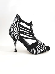 Carica immagine nella Galleria, Whole Zebra (460PW) - Sandalo da Donna in Raso seta Zebrato con Elastici Neri e tacco a spillo rivestito raso seta zebra
