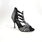 Load image into Gallery viewer, Whole Zebra (460PW) - Woman&#39;s Sandal in Zebra Silk Satin with Black Elastics and stiletto heel covered in zebra silk satin
