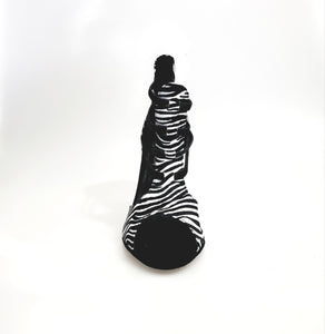 Whole Zebra (460PW) - Woman's Sandal in Zebra Silk Satin with Black Elastics and stiletto heel covered in zebra silk satin