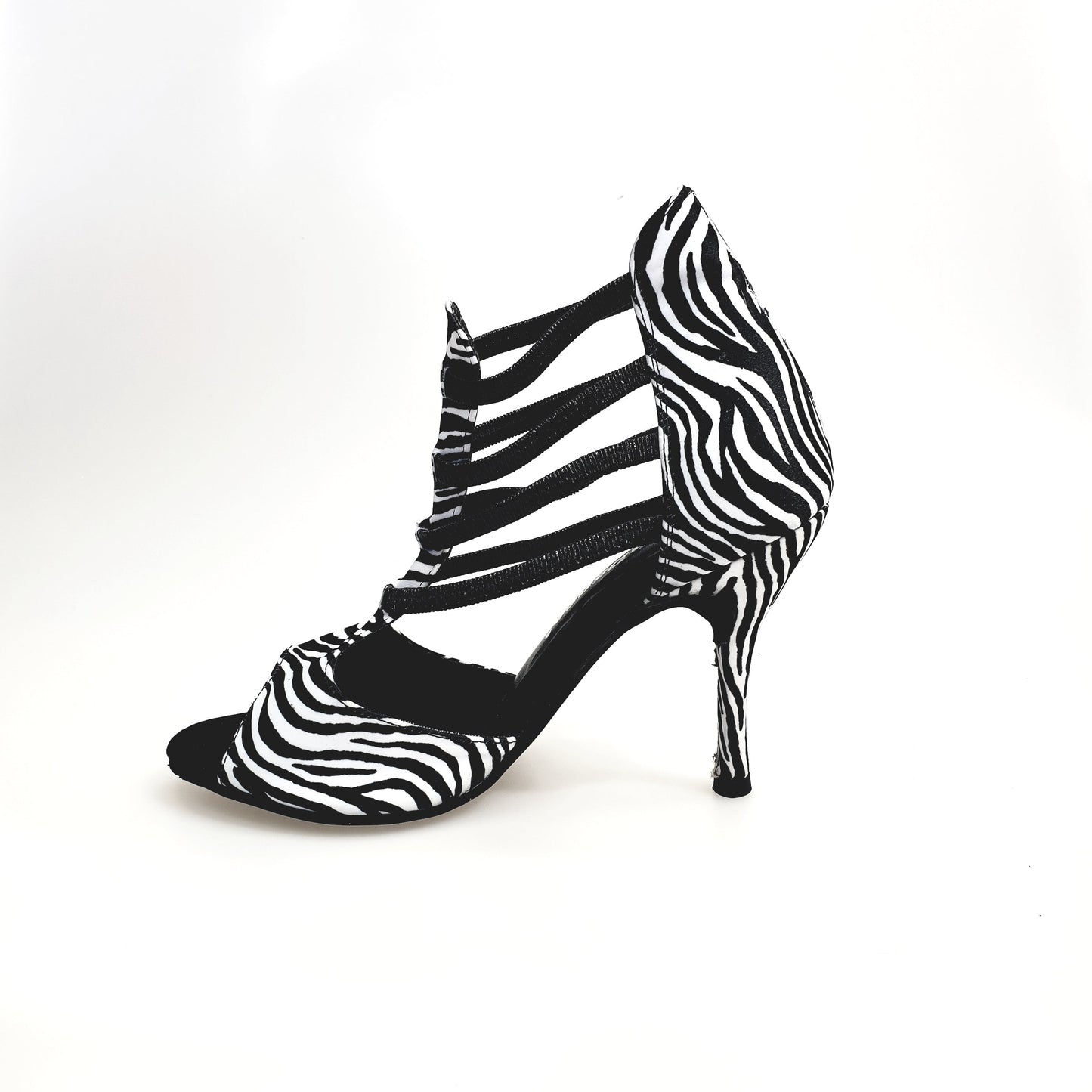 Scarpa da donna Wish Dance Shop modello Zebra (460PW) in raso seta zebrato, elastici neri e tacco a spillo rivestito in seta.