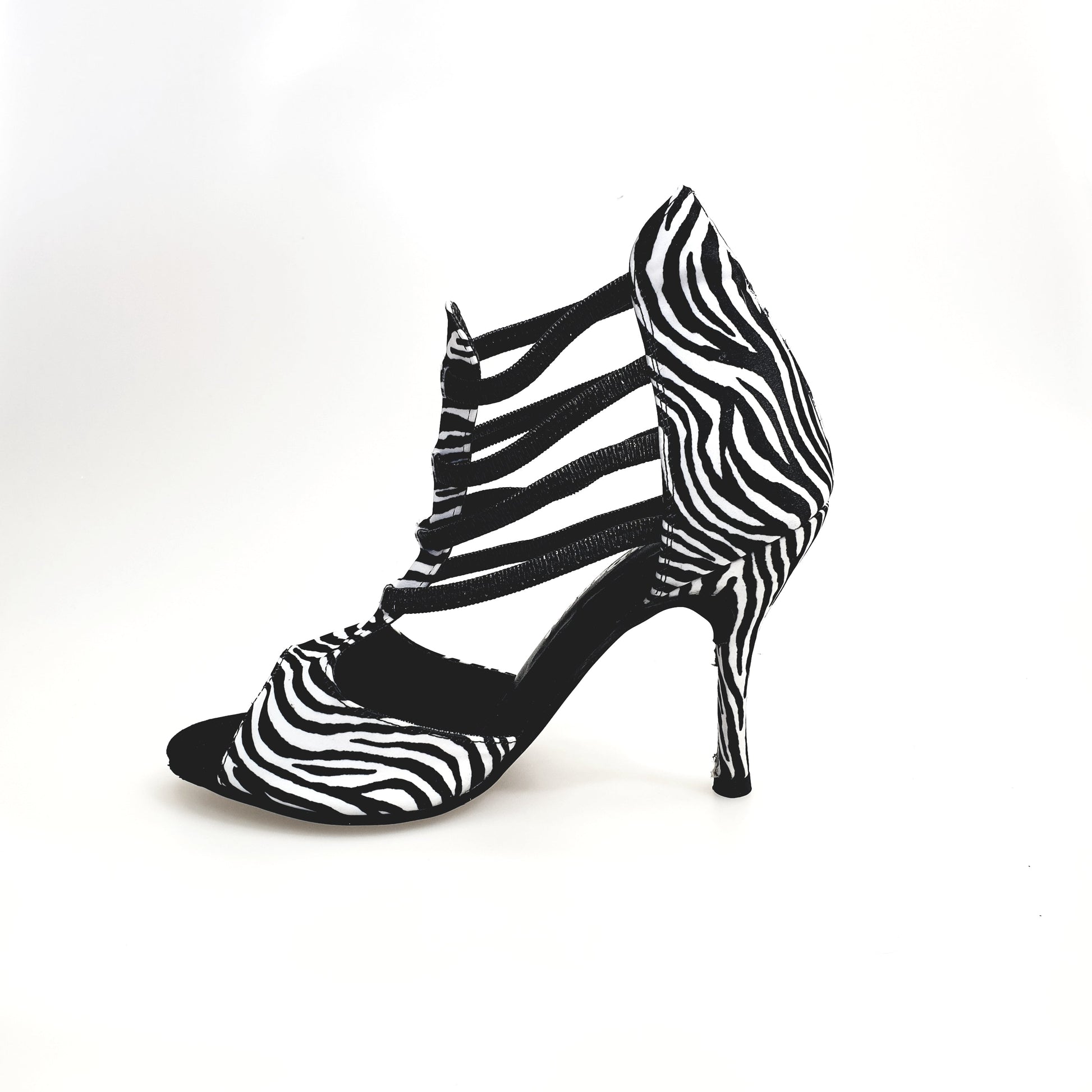 Scarpa da donna Wish Dance Shop modello Zebra (460PW) in raso seta zebrato, elastici neri e tacco a spillo rivestito in seta.