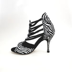 Load image into Gallery viewer, Whole Zebra (460PW) - Woman&#39;s Sandal in Zebra Silk Satin with Black Elastics and stiletto heel covered in zebra silk satin
