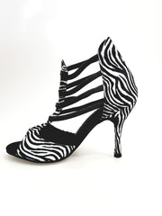 Carica immagine nella Galleria, Whole Zebra (460PW) - Sandalo da Donna in Raso seta Zebrato con Elastici Neri e tacco a spillo rivestito raso seta zebra
