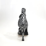 Load image into Gallery viewer, Whole Zebra (460PW) - Woman&#39;s Sandal in Zebra Silk Satin with Black Elastics and stiletto heel covered in zebra silk satin
