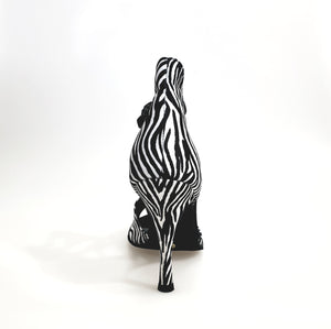 Whole Zebra (460PW) - Woman's Sandal in Zebra Silk Satin with Black Elastics and stiletto heel covered in zebra silk satin
