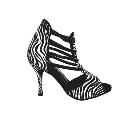 Scarpa donna Wish Dance Shop Zebra (460PW) sandalo in raso seta con elastici neri e tacco a spillo rivestito.