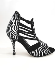 Carica immagine nella Galleria, Whole Zebra (460PW) - Sandalo da Donna in Raso seta Zebrato con Elastici Neri e tacco a spillo rivestito raso seta zebra
