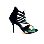 Load image into Gallery viewer, Iris Fantasy Black (460PW) - Woman&#39;s Sandal in Black Picasso Fabric with Black Suede Heel and Elastics and Black Enameled Stiletto Heel
