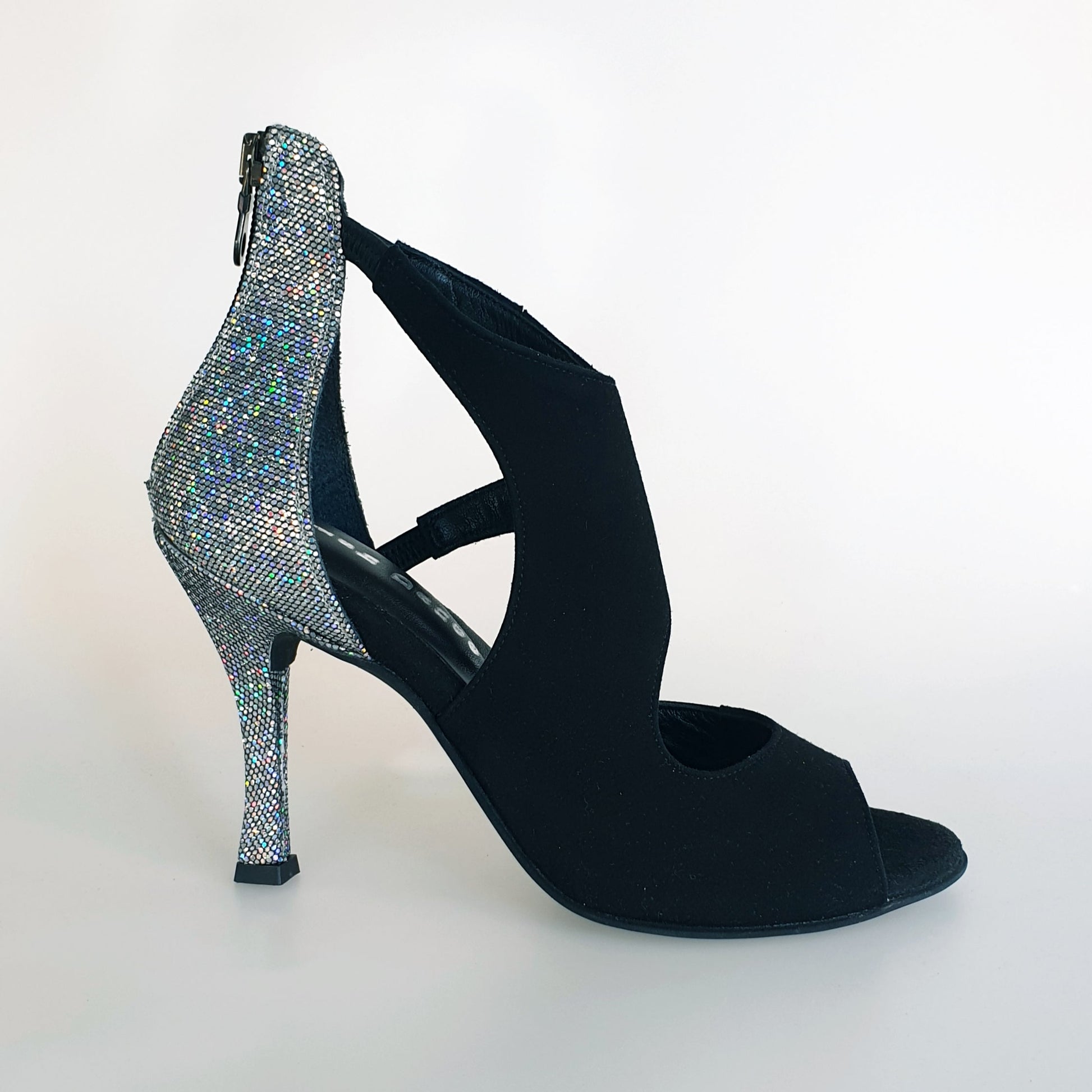 Scarpa donna Desiré in camoscio nero e multicolor, con dettagli in argento, modello sandalo Wish Dance Shop.