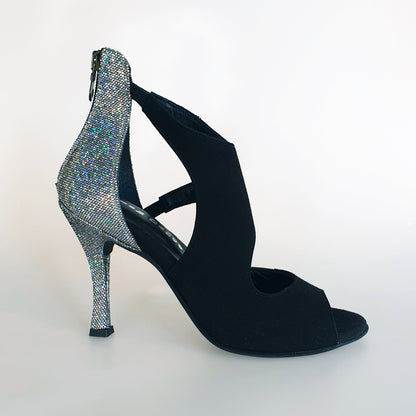 Scarpa donna Desiré in camoscio nero e multicolor, con dettagli in argento, modello sandalo Wish Dance Shop.
