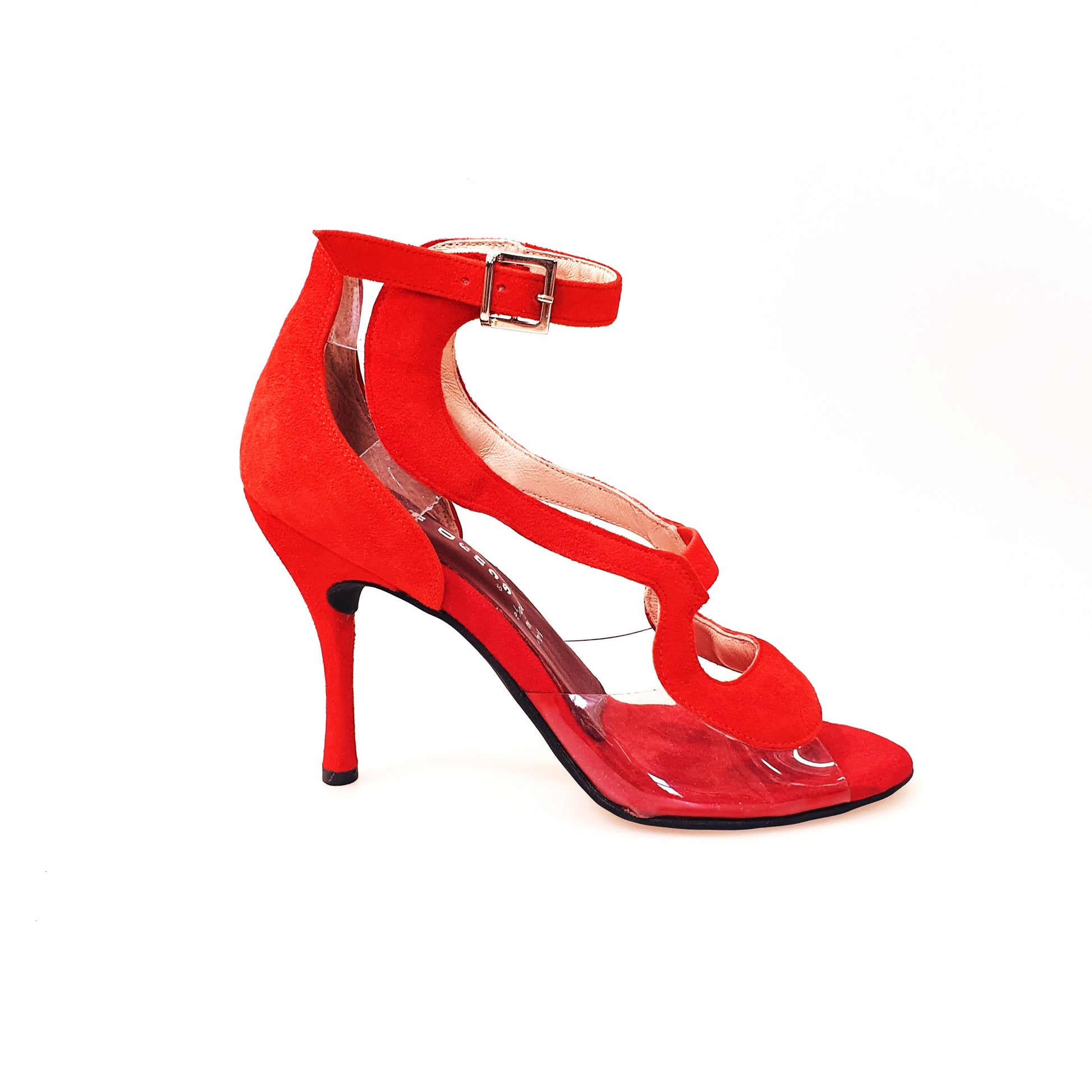 Sandalo da donna Angela in camoscio rosso con dettagli in plexiglass, scarpa elegante Wish Dance Shop.