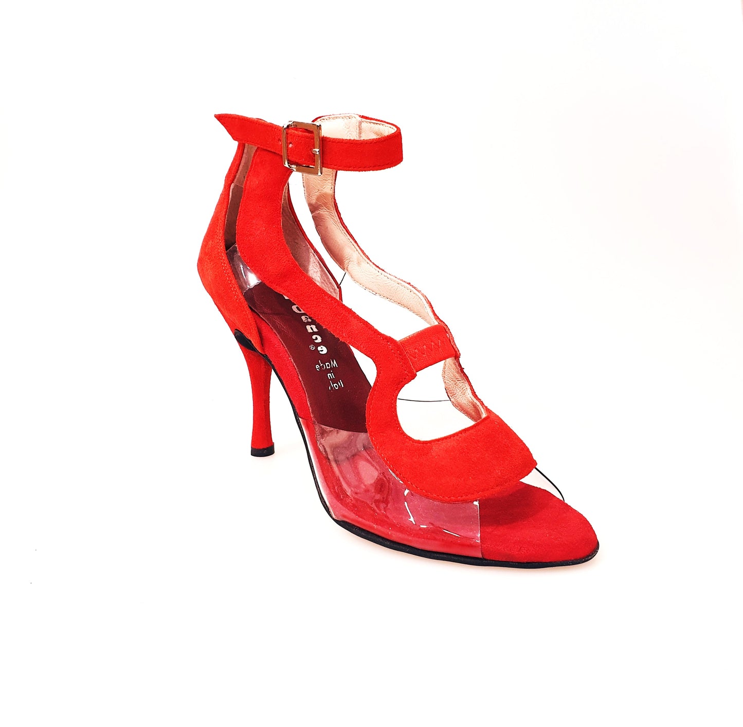 Sandalo donna Angela in camoscio rosso con parti in plexiglass, scarpa elegante e moderna di Wish Dance Shop.