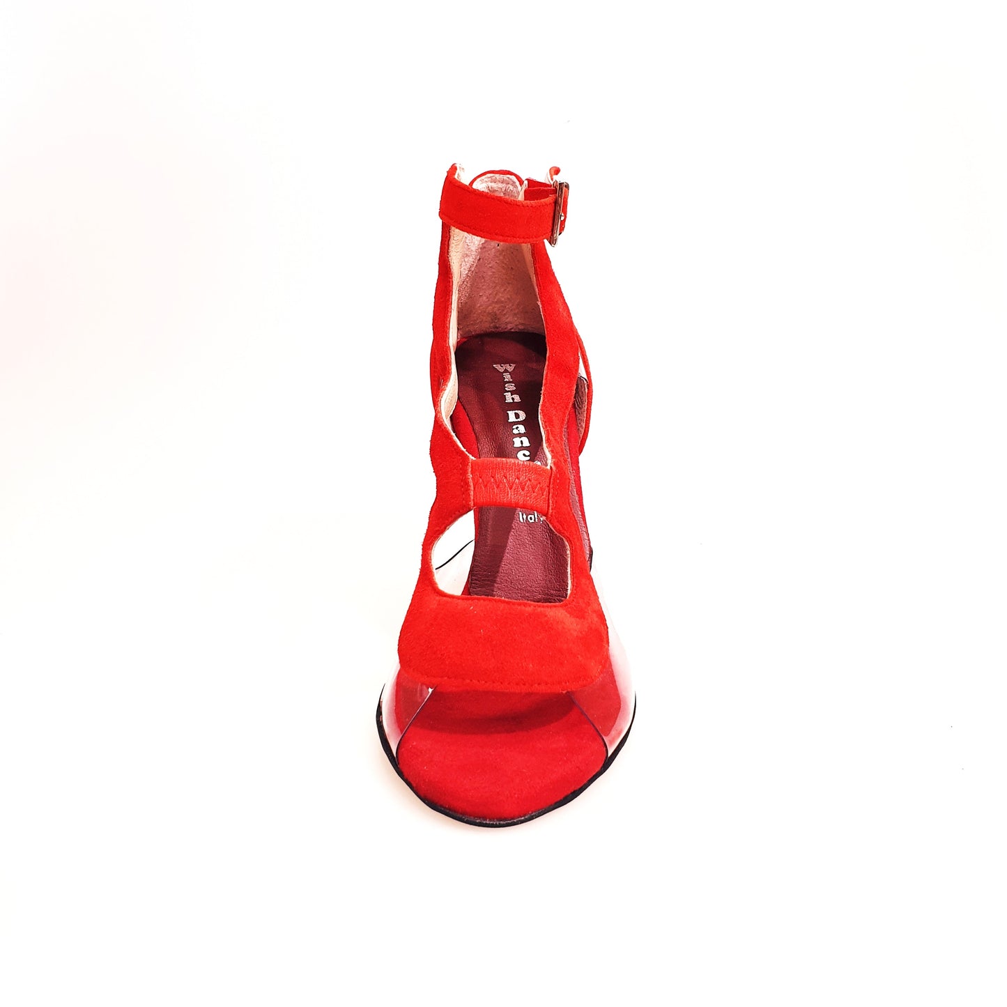 Sandalo donna Angela in camoscio rosso con parti in plexiglass, scarpa elegante Wish Dance Shop.