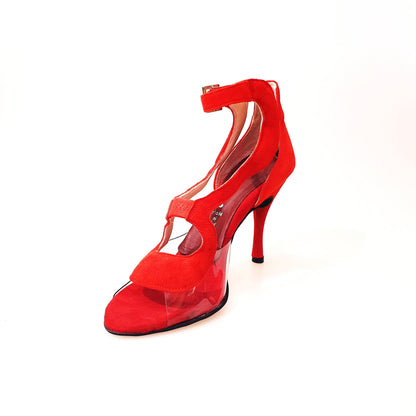 Sandalo da donna Angela Wish Dance Shop in camoscio rosso con dettagli in plexiglass, mostrato su sfondo neutro.