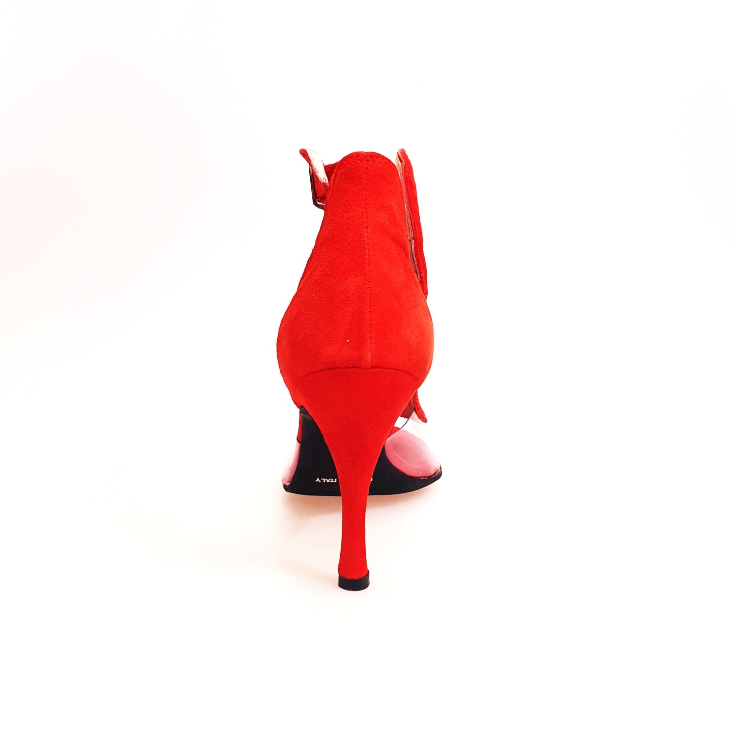 Sandalo da donna Angela in camoscio rosso con dettagli in plexiglass, scarpa elegante Wish Dance Shop.