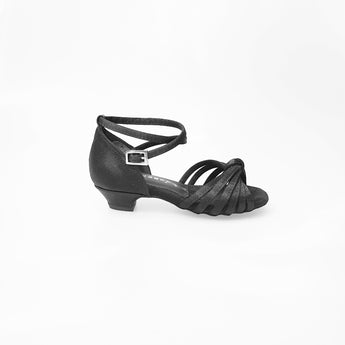 Annette QB (28QB) - Scarpa da Ballo Basica da Bambina in Raso Seta Nero Nodino con 6 fascette e cinturino doppio sulla caviglia