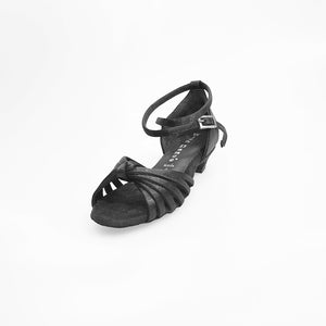 Annette QB (28QB) - Scarpa da Ballo Basica da Bambina in Raso Seta Nero Nodino con 6 fascette e cinturino doppio sulla caviglia