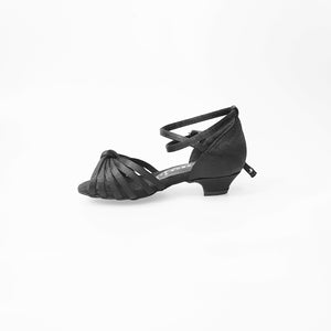 Annette QB (28QB) - Scarpa da Ballo Basica da Bambina in Raso Seta Nero Nodino con 6 fascette e cinturino doppio sulla caviglia