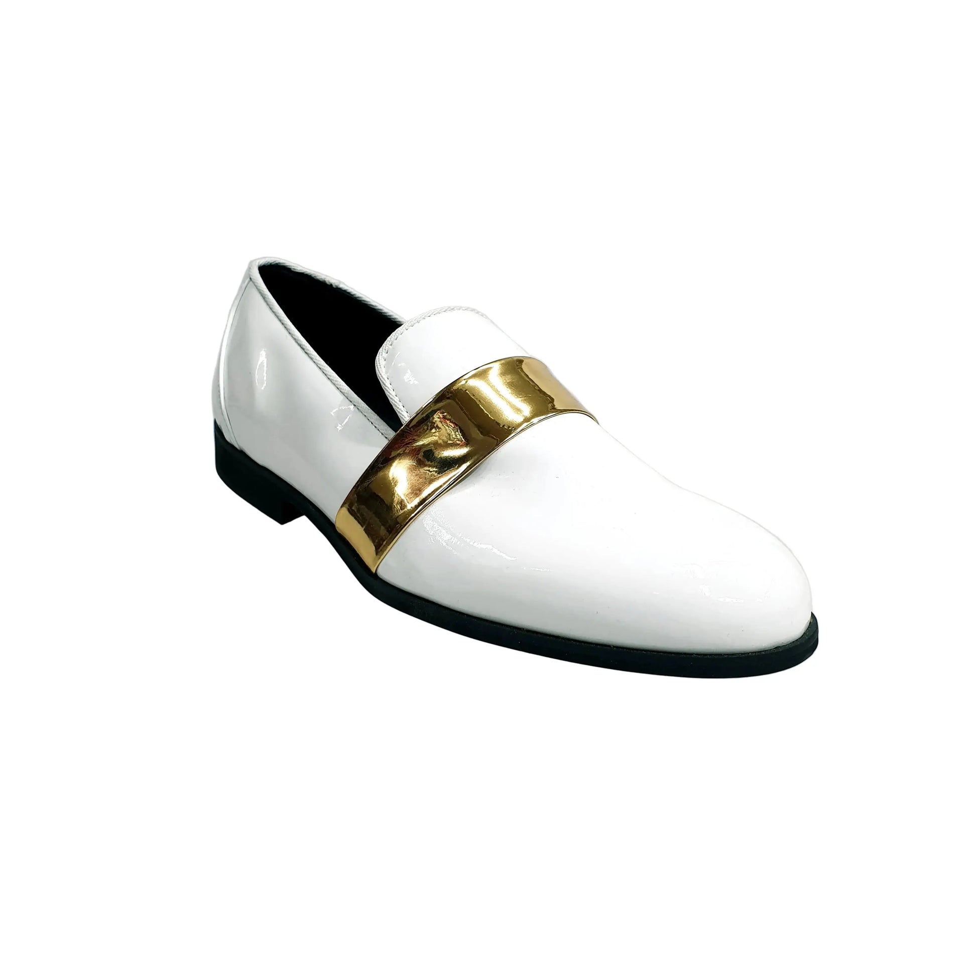 Mocassino in vernice bianca con fascia oro, scarpa Wish Dance Shop, foderato in vera pelle italiana, elegante calzatura da donna