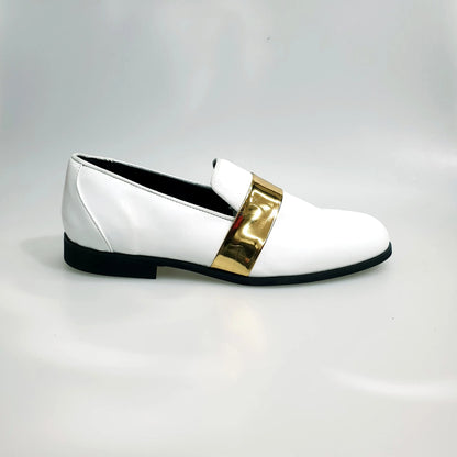 Mocassino in vernice bianca con fascia oro, scarpa Wish Dance Shop, fodera in vera pelle italiana, elegante e raffinato.