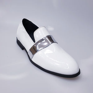 Jackson (PJ) - Loafer in White Patent Leather and Silver Band Lined in Genuine Italian Leather