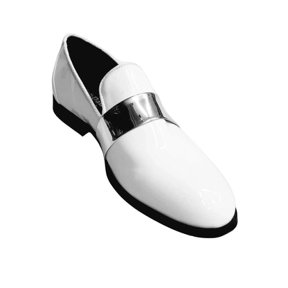 Scarpa mocassino bianco in vernice con fascia argento, fodera in vera pelle italiana, marca Wish Dance Shop