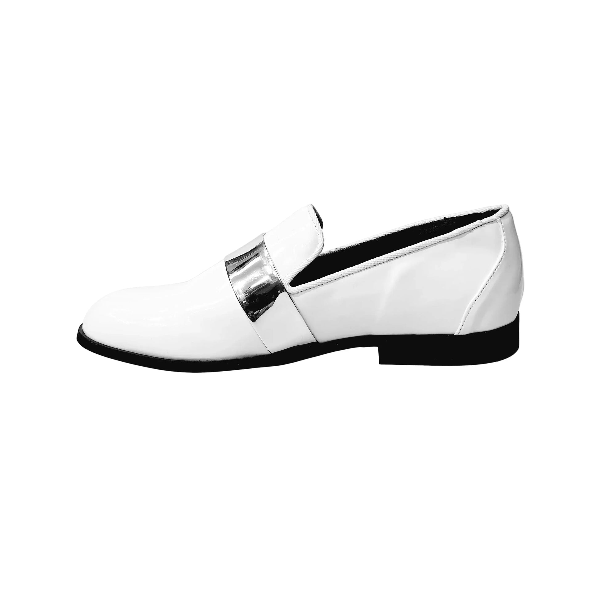 Scarpa mocassino Jackson in vernice bianca con fascia argento, fodera in vera pelle italiana, per donna.